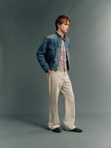 Washed Mandarin-Collar Cropped Denim Jacket with Suede Paneling