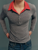 TENCEL™ Lyocell-Wool Contrast Polo-Collar Faux-Layered Slim-Fit Knit Long-Sleeve Top