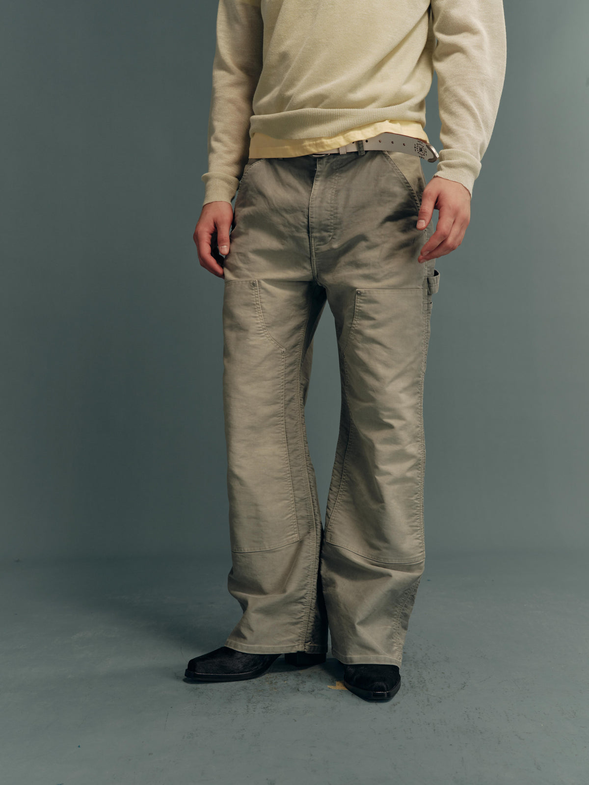 Garment-Dyed Washed Moleskin Grey-Green Relaxed Straight-Leg Double-Knee Pants