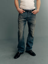 Mud-Dyed Vintage-Wash Slub Cotton Slim-Fit Flared Jeans