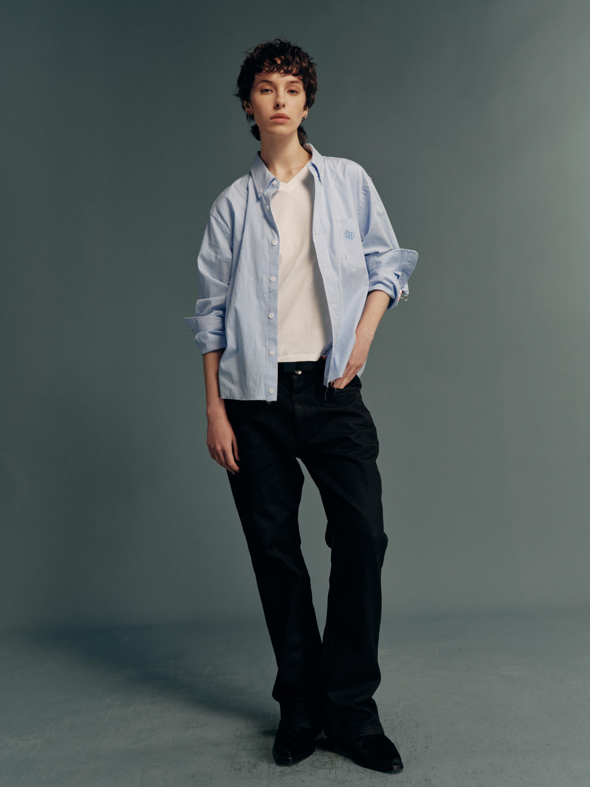 80s 2-Ply Long-Staple Cotton Striped Raw-Edge Cropped Wide-Fit Long-Sleeve Shirt