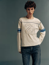 Garment-Washed Cotton Brushed-Finish Long-Sleeve T-Shirt with Appliqué Embroidery and “21” Print, Relaxed Fit