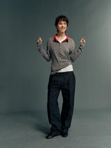 TENCEL™ Lyocell-Wool Contrast Polo-Collar Faux-Layered Slim-Fit Knit Long-Sleeve Top