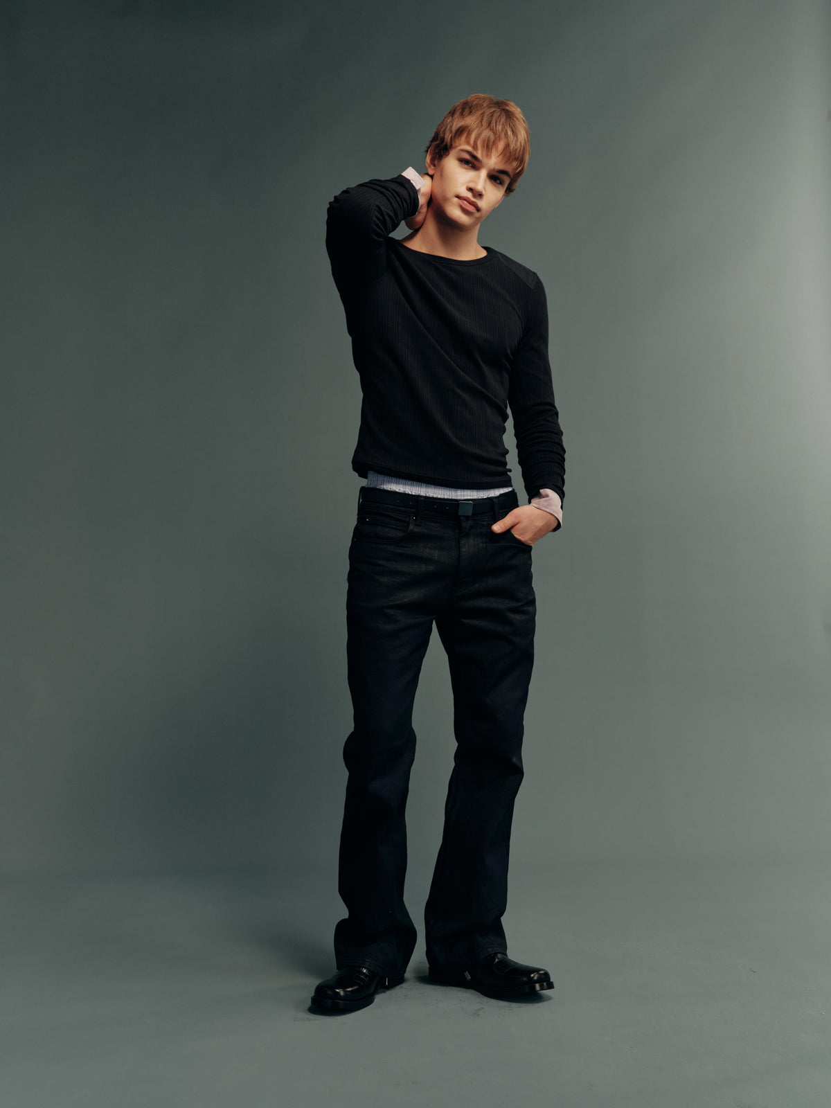 Stretch Ribbed Slim-Fit Long-Sleeve Top with Contrast Shoulder Patch Panels – 4 Colors