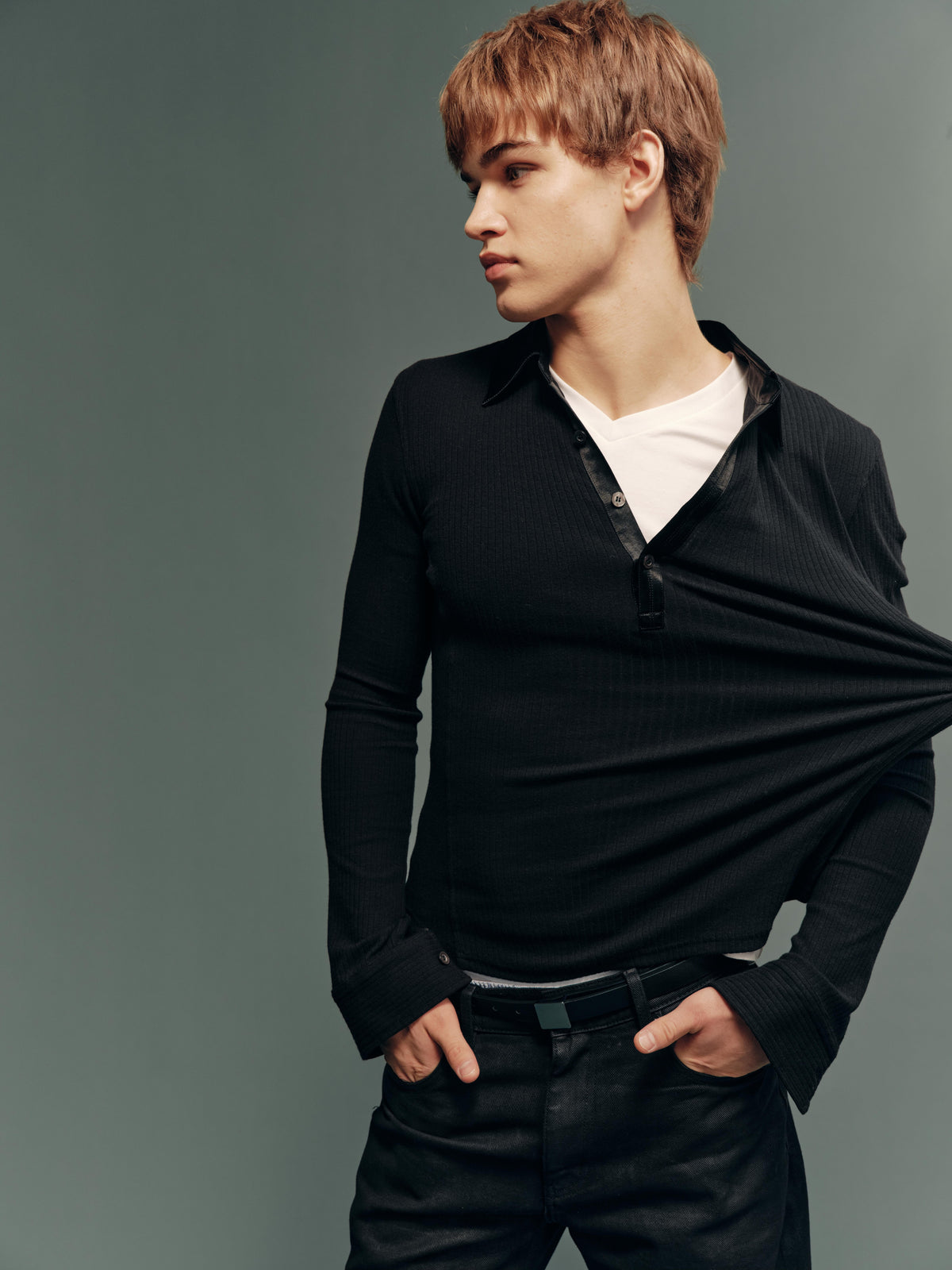 Acetate-Panel Wool-Blend High-Stretch Slim-Fit Ribbed Polo Long-Sleeve Top