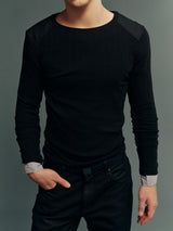 Stretch Ribbed Slim-Fit Long-Sleeve Top with Contrast Shoulder Patch Panels – 4 Colors