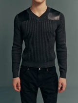 Wool-Blend Ribbed V-Neck Slim-Fit Sweatshirt in Dark Heather Grey with Calfskin Shoulder Panels