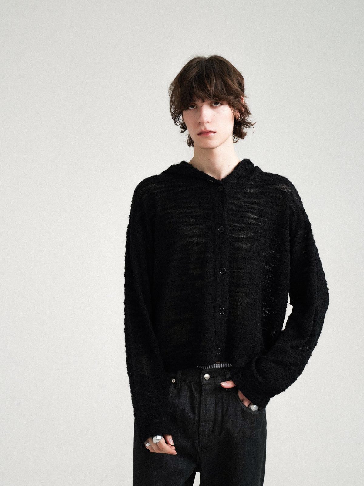 Textured Wool-Blend Open-Knit Hooded Cardigan Sweater