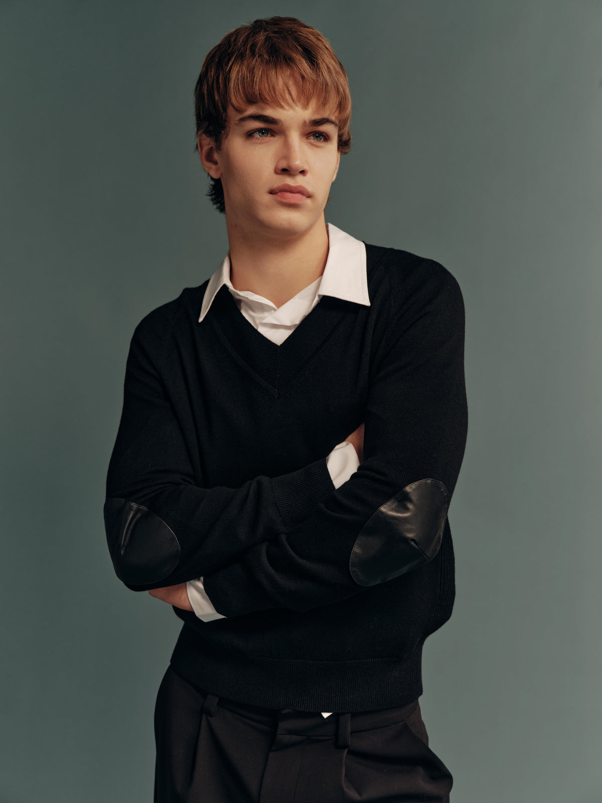 Wool-Blend V-Neck Relaxed Sweatshirt with Genuine Calfskin Elbow Patches