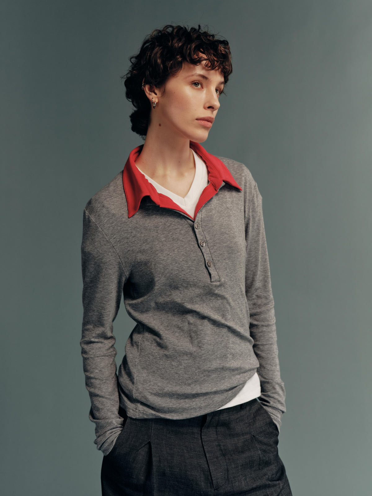 TENCEL™ Lyocell-Wool Contrast Polo-Collar Faux-Layered Slim-Fit Knit Long-Sleeve Top