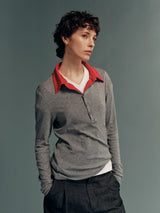 TENCEL™ Lyocell-Wool Contrast Polo-Collar Faux-Layered Slim-Fit Knit Long-Sleeve Top