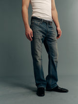Mud-Dyed Vintage-Wash Slub Cotton Slim-Fit Flared Jeans