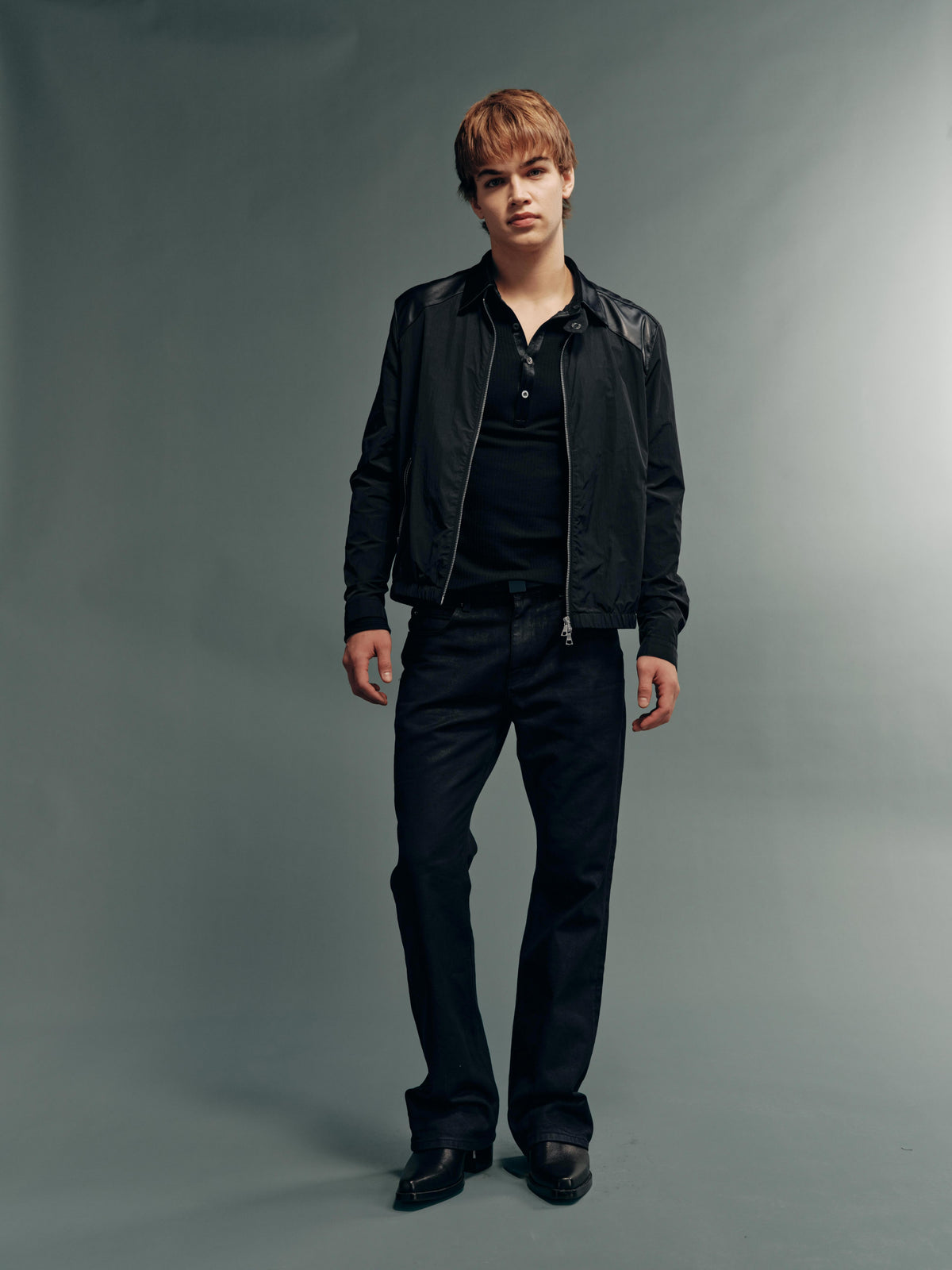 Calfskin-Panel DWR Water-Repellent Nylon Zip-Up Biker Jacket