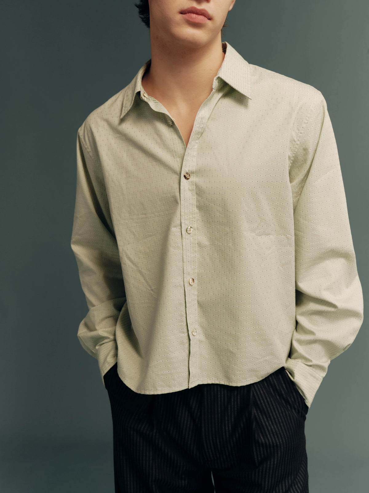 Japanese Fabric Blue-Green Polka-Dot Slub-Stripe Reversible Long-Sleeve Shirt