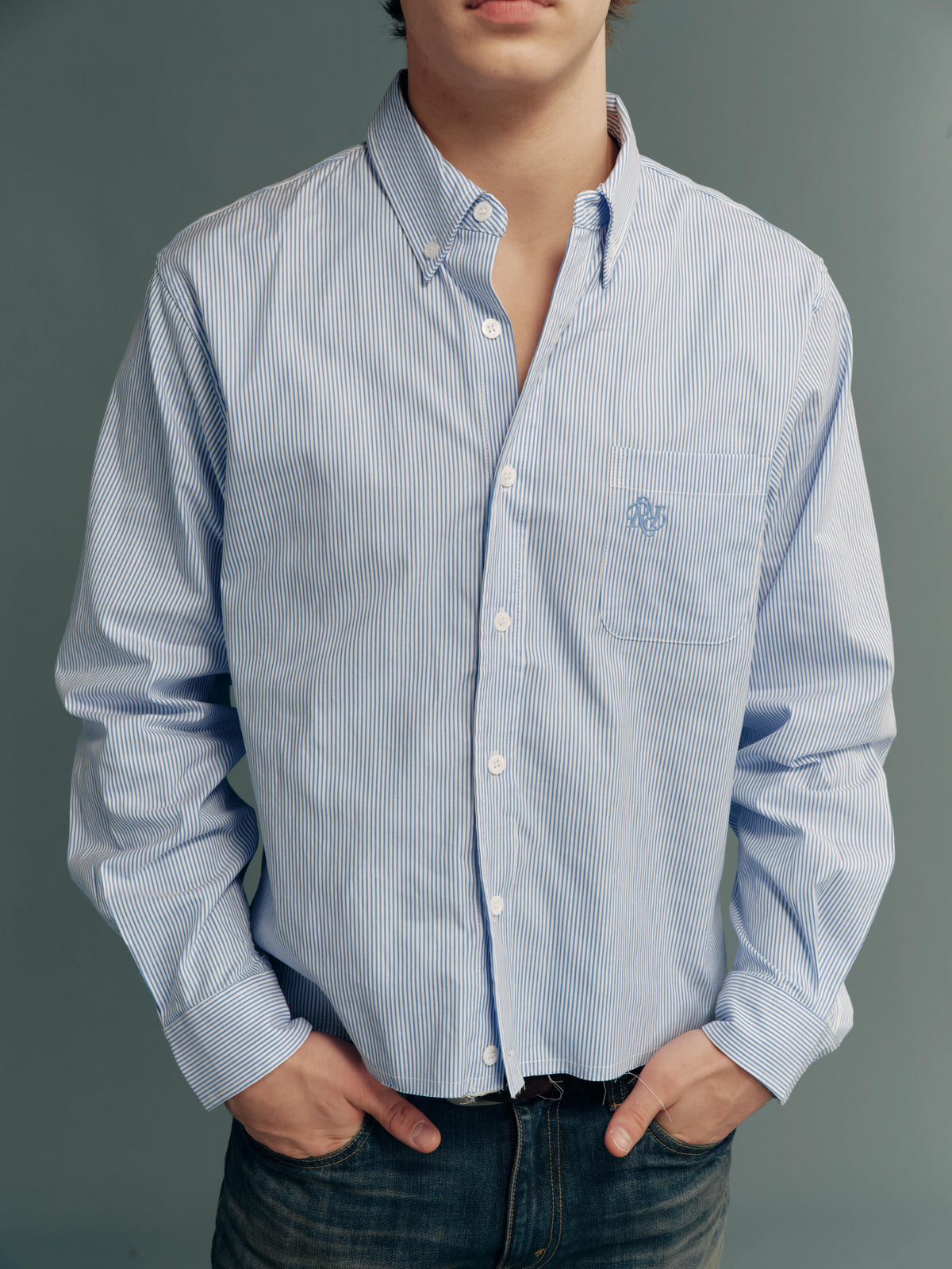80s 2-Ply Long-Staple Cotton Striped Raw-Edge Cropped Wide-Fit Long-Sleeve Shirt