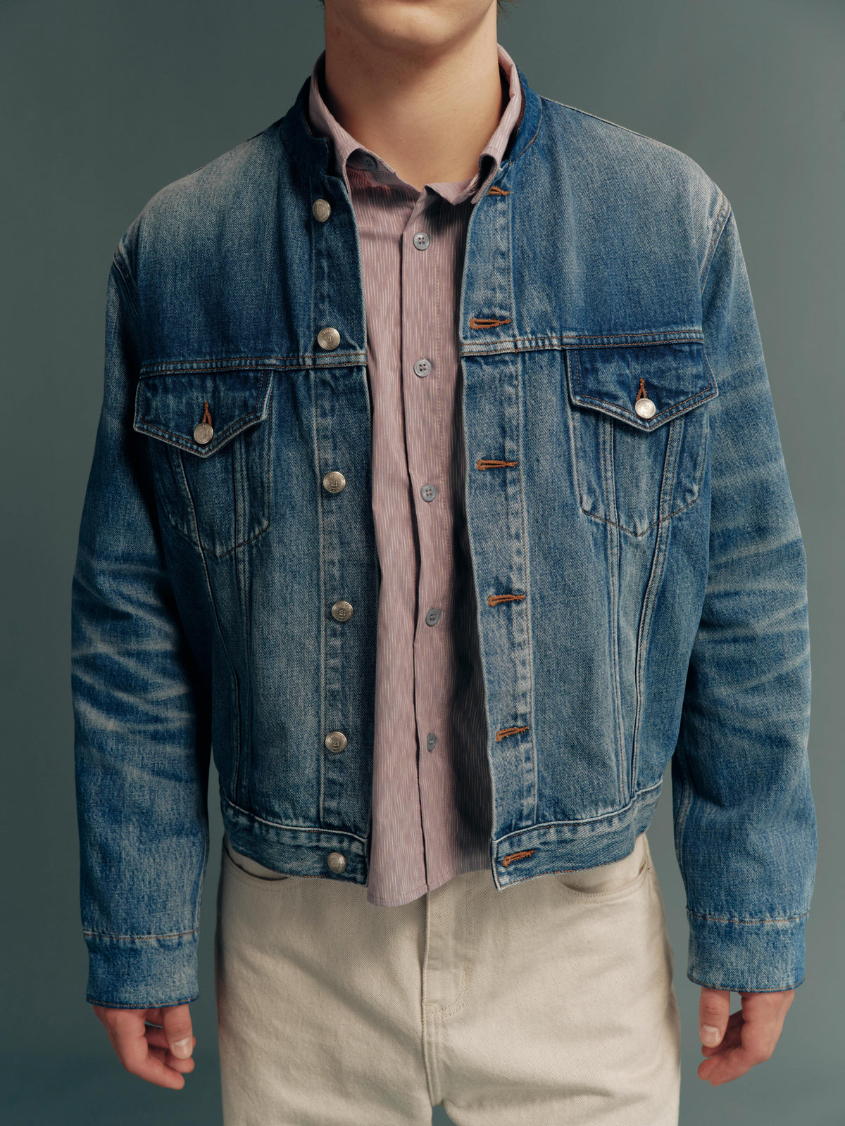 Washed Mandarin-Collar Cropped Denim Jacket with Suede Paneling