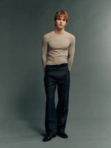 Raw Cotton-Linen Single-Pleat Straight-Leg Trousers with Permanent Crease