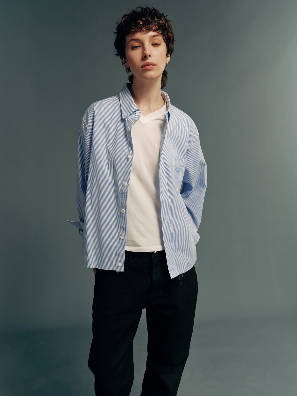 80s 2-Ply Long-Staple Cotton Striped Raw-Edge Cropped Wide-Fit Long-Sleeve Shirt