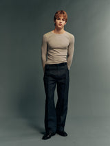 Stretch Ribbed Slim-Fit Long-Sleeve Top with Contrast Shoulder Patch Panels – 4 Colors