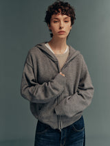 Raccoon-Wool Blend Two-Tone Relaxed-Fit Zip-Up Knit Hoodie