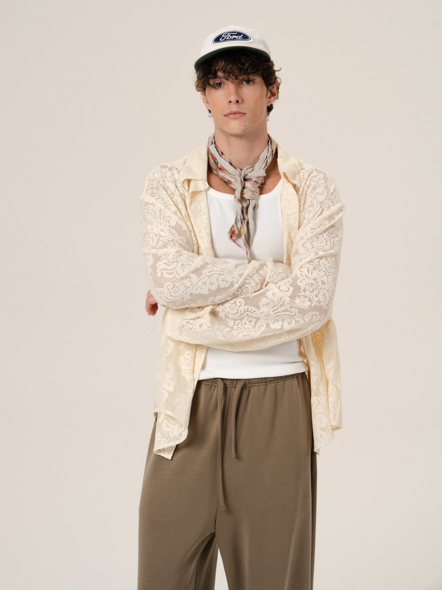 Retro 21 R21 Custom openwork pattern beige long-sleeved shirt