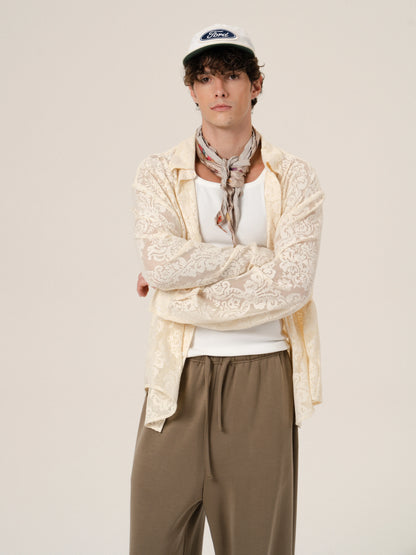 Retro 21 R21 Custom openwork pattern beige long-sleeved shirt