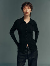 Stretch Ribbed Slim-Fit Button-Front Knit Long-Sleeve Shirt