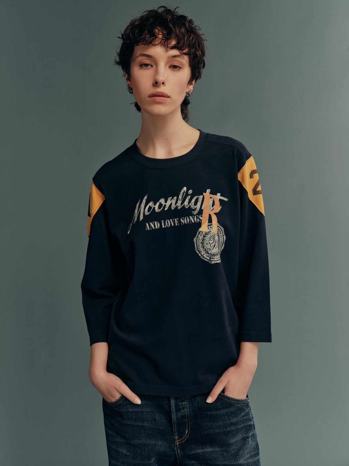 Brushed Cotton Contrast-Panel Flocked-Print Three-Quarter-Sleeve Top