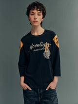 Brushed Cotton Contrast-Panel Flocked-Print Three-Quarter-Sleeve Top