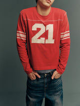 Garment-Washed Cotton Brushed-Finish Long-Sleeve T-Shirt with Appliqué Embroidery and “21” Print, Relaxed Fit
