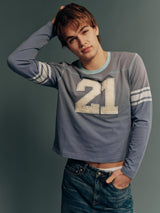 Garment-Washed Cotton Brushed-Finish Long-Sleeve T-Shirt with Appliqué Embroidery and “21” Print, Relaxed Fit