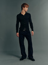 Stretch Ribbed Slim-Fit Button-Front Knit Long-Sleeve Shirt