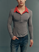 TENCEL™ Lyocell-Wool Contrast Polo-Collar Faux-Layered Slim-Fit Knit Long-Sleeve Top